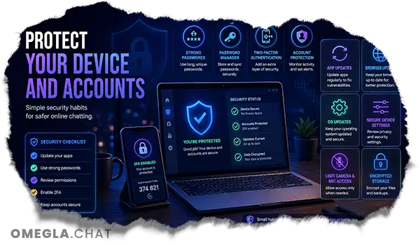 Protect your device and accounts while chatting online with strong passwords, two-factor authentication, updates, and secure settings