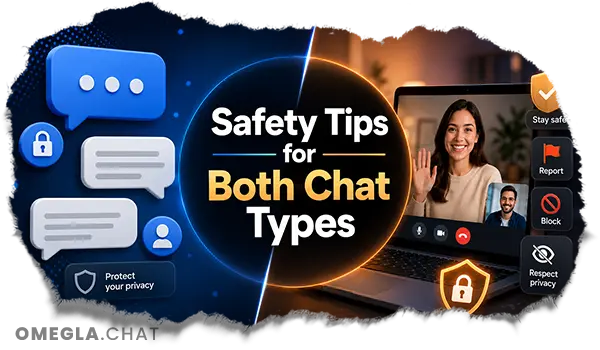 Safety tips for both text chat and video chat with privacy, report, block, and safe communication reminders