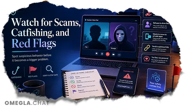 Watch for scams, catfishing, and red flags in random video chat with safety tips to block, report, and avoid suspicious links
